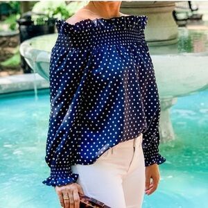 Tuckernuck Marguerite Off the Shoulder Top Navy White Polka Dots Long Sleeve XS